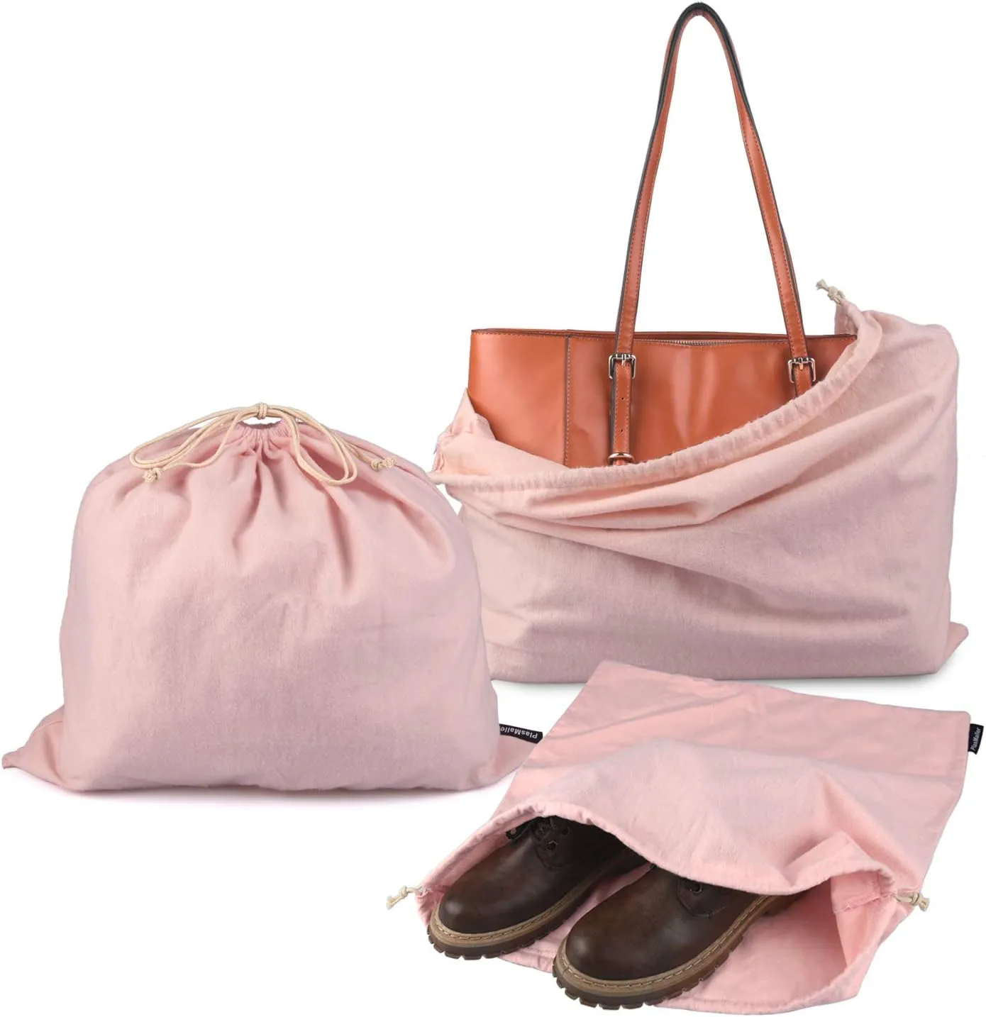 PlasMaller Dust Cover Storage Bags Purified 100% Cotton Flannel with Drawstring Pouch For Handbags Purses Pocketbooks Shoes Boots Set of 3 (Pink)