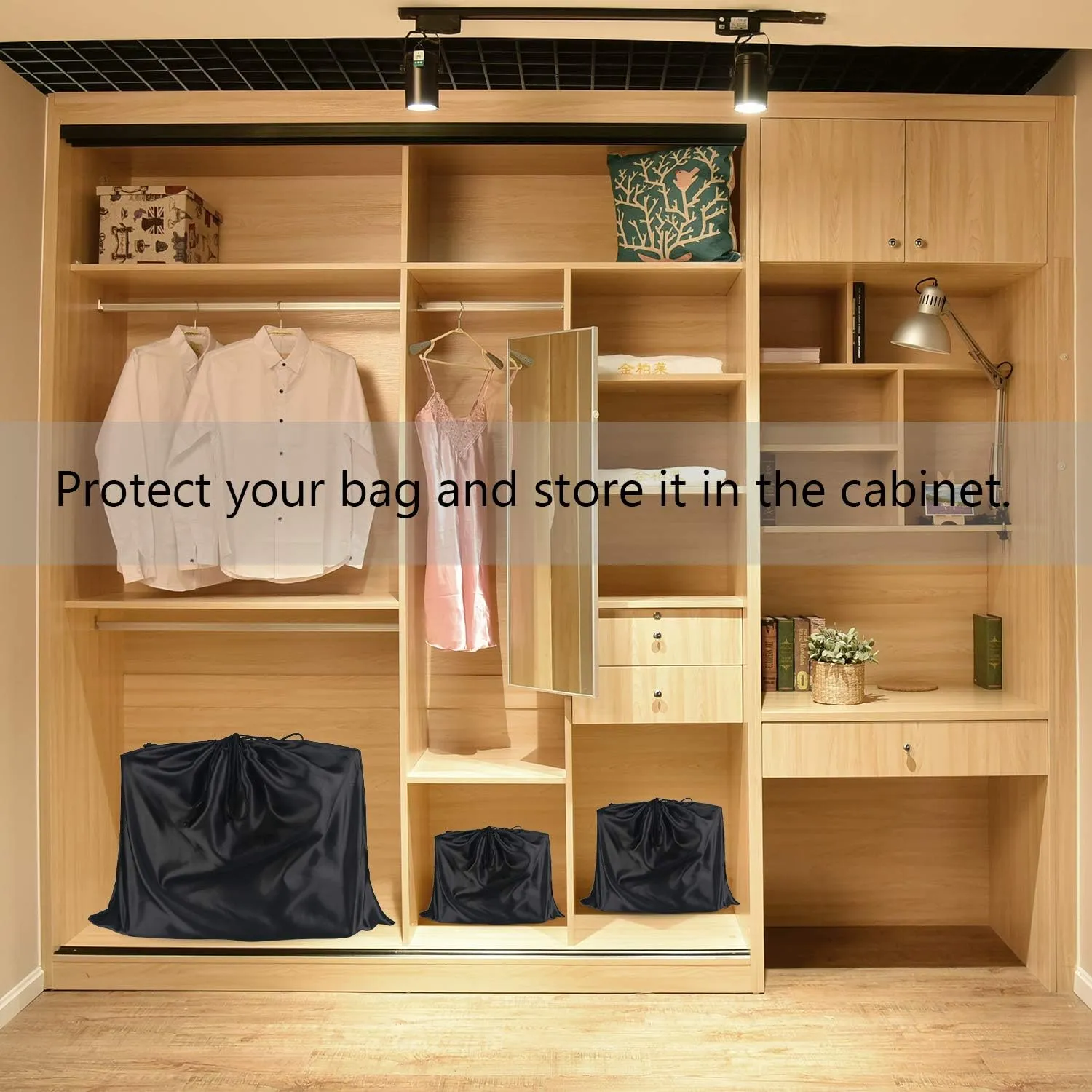 PlasMaller Dust Cover Storage Bags Silk Cloth with Drawstring Pouch For Handbags Purses Pocketbooks Shoes Boots Set of 6, Black (19.6 x 15.7 in)