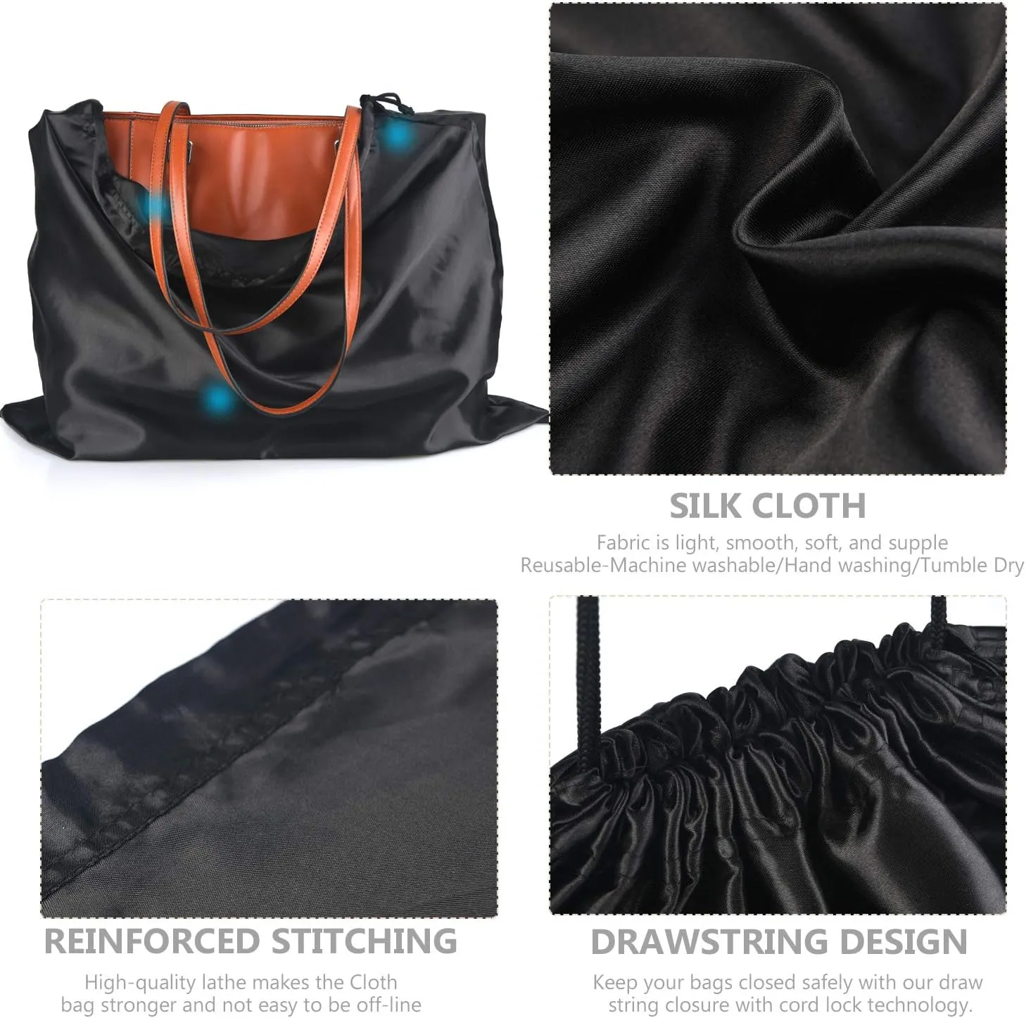 PlasMaller Dust Cover Storage Bags Silk Cloth with Drawstring Pouch For Handbags Purses Pocketbooks Shoes Boots Set of 6, Black (19.6 x 15.7 in)