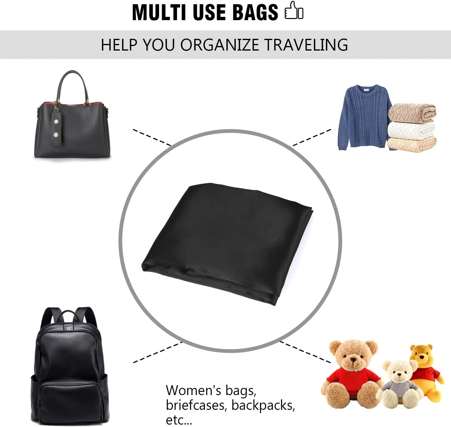 PlasMaller Dust Cover Storage Bags Silk Cloth with Drawstring Pouch For Handbags Purses Pocketbooks Shoes Boots Set of 6, Black (19.6 x 15.7 in)