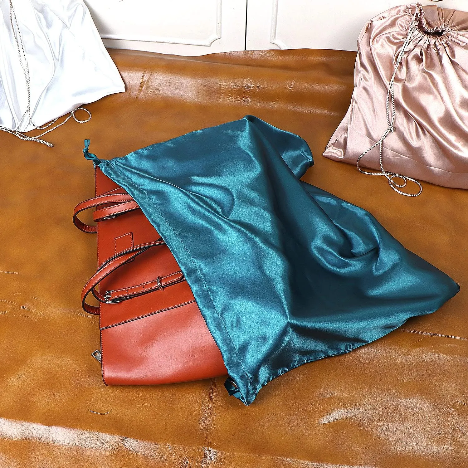 PlasMaller Dust Cover Storage Bags Silk Cloth with Drawstring Pouch For Handbags Purses Pocketbooks Shoes Boots Set of 6, Blue (19.6 x 15.7 in)