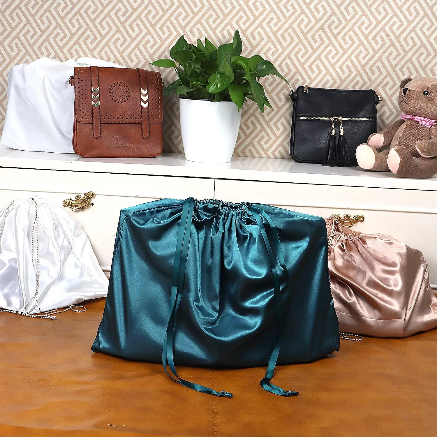 PlasMaller Dust Cover Storage Bags Silk Cloth with Drawstring Pouch For Handbags Purses Pocketbooks Shoes Boots Set of 6, Blue (19.6 x 15.7 in)