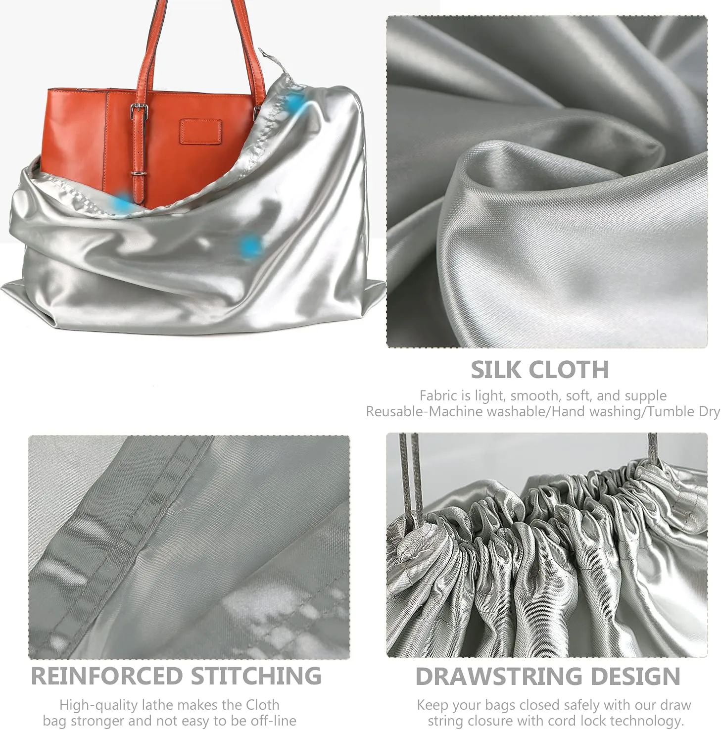 PlasMaller Dust Cover Storage Bags Silk Cloth with Drawstring Pouch For Handbags Purses Pocketbooks Shoes Boots Set of 6, Silver (19.6 x 15.7 in)
