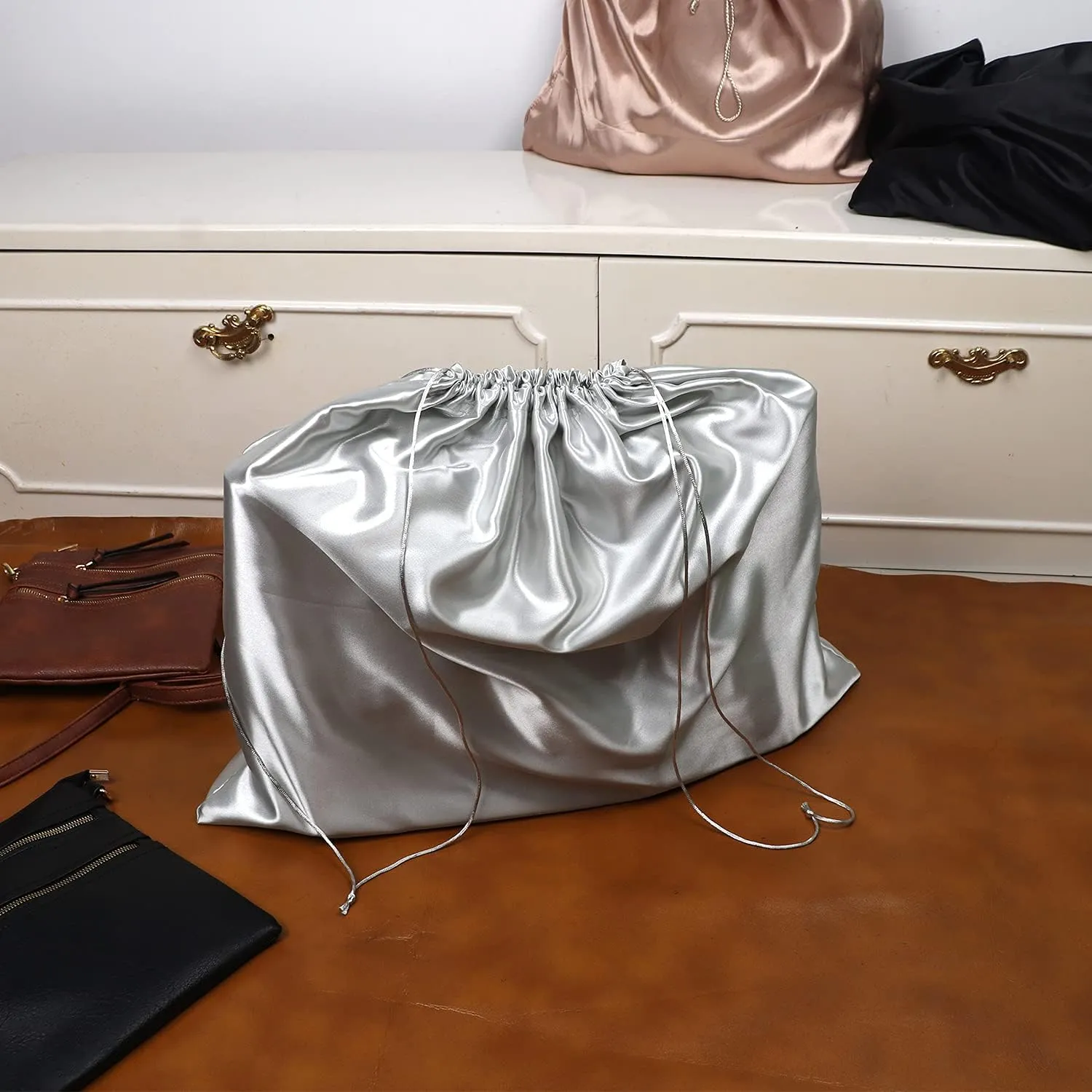 PlasMaller Dust Cover Storage Bags Silk Cloth with Drawstring Pouch For Handbags Purses Pocketbooks Shoes Boots Set of 6, Silver (19.6 x 15.7 in)