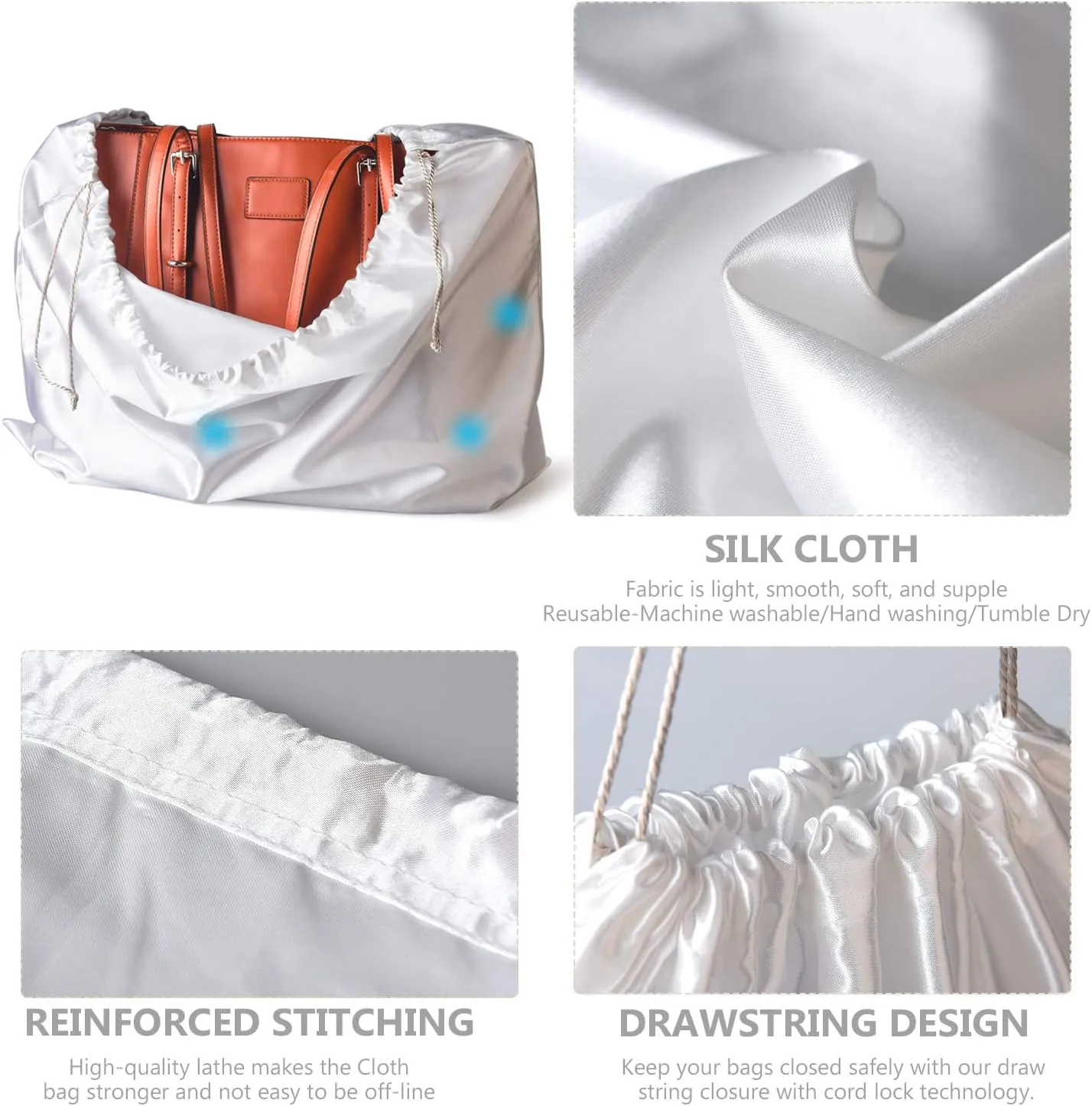 PlasMaller Dust Cover Storage Bags Silk Cloth with Drawstring Pouch For Handbags Purses Pocketbooks Shoes Boots Set of 6, White (19.6 x 15.7 in)