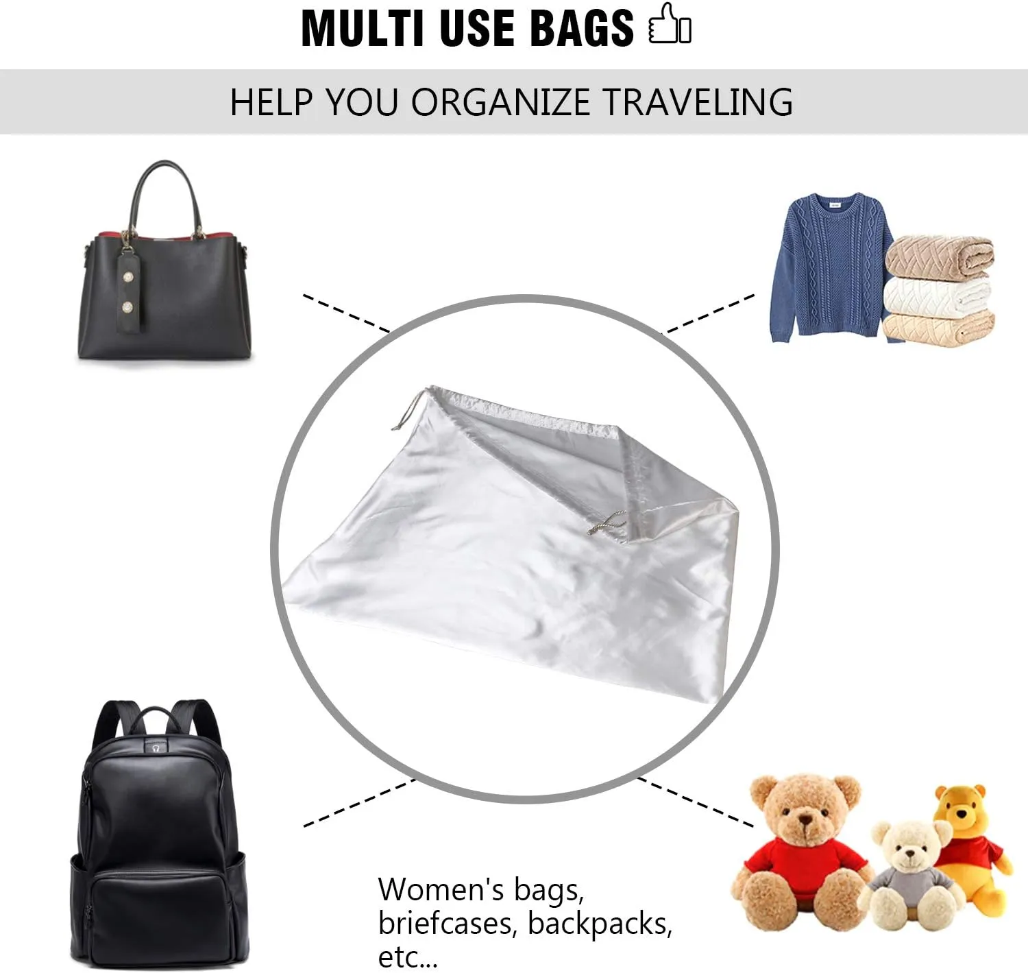 PlasMaller Dust Cover Storage Bags Silk Cloth with Drawstring Pouch For Handbags Purses Pocketbooks Shoes Boots Set of 6, White (19.6 x 15.7 in)