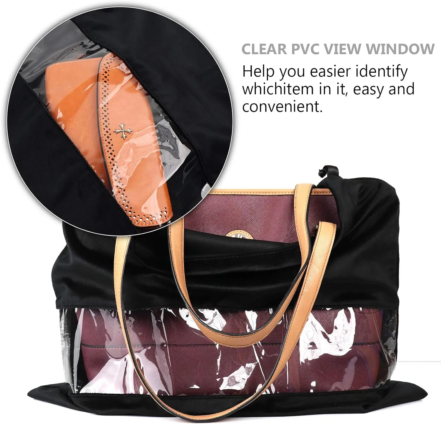 PlasMaller Dust Cover Storage Bags Terylene Flannel Drawstring Pouch with Clear View Window For Handbags Purses Pocketbooks Shoes Boots Set of 2 (17.7 x 15.7 in), Black