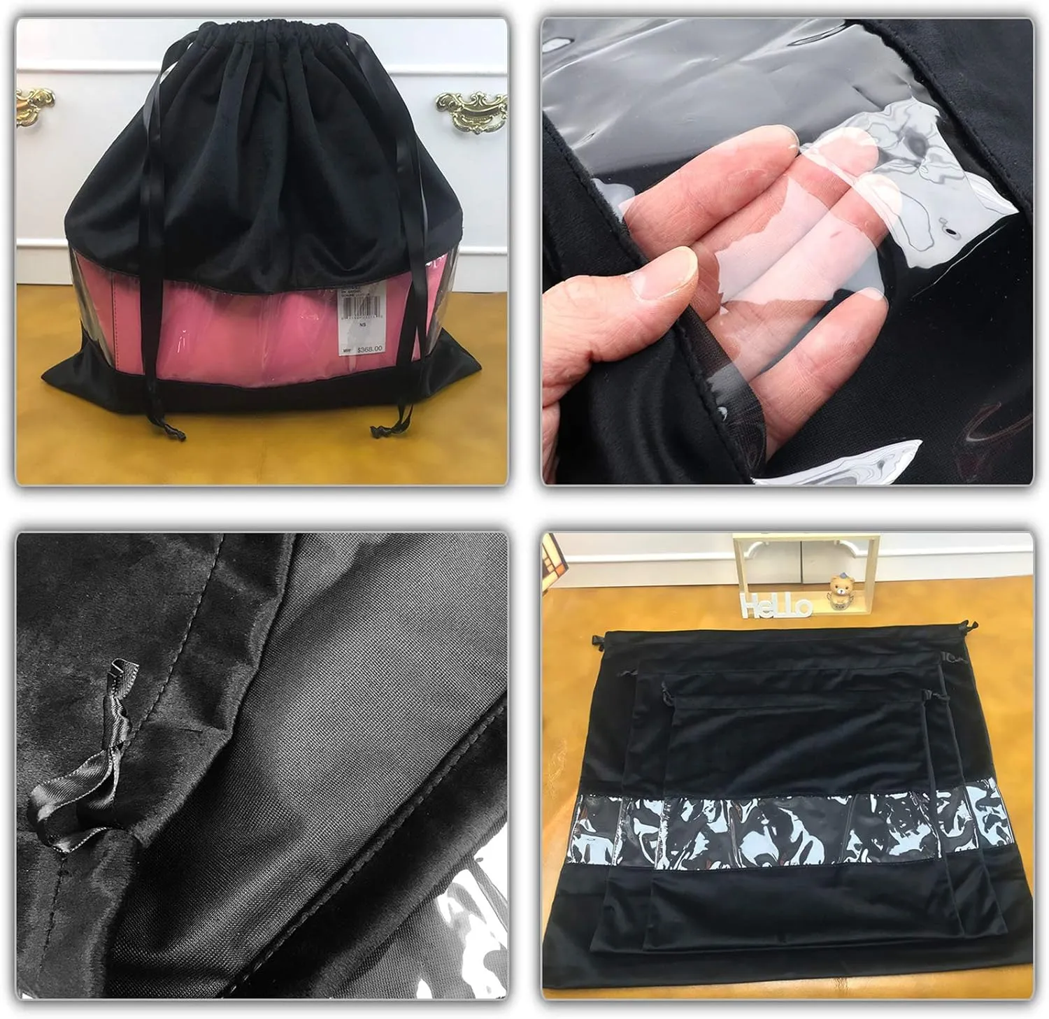 PlasMaller Dust Cover Storage Bags Terylene Flannel Drawstring Pouch with Clear View Window For Handbags Purses Pocketbooks Shoes Boots Set of 2 (17.7 x 15.7 in), Black