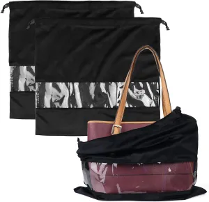 PlasMaller Dust Cover Storage Bags Terylene Flannel Drawstring Pouch with Clear View Window For Handbags Purses Pocketbooks Shoes Boots Set of 2 (17.7 x 15.7 in), Black