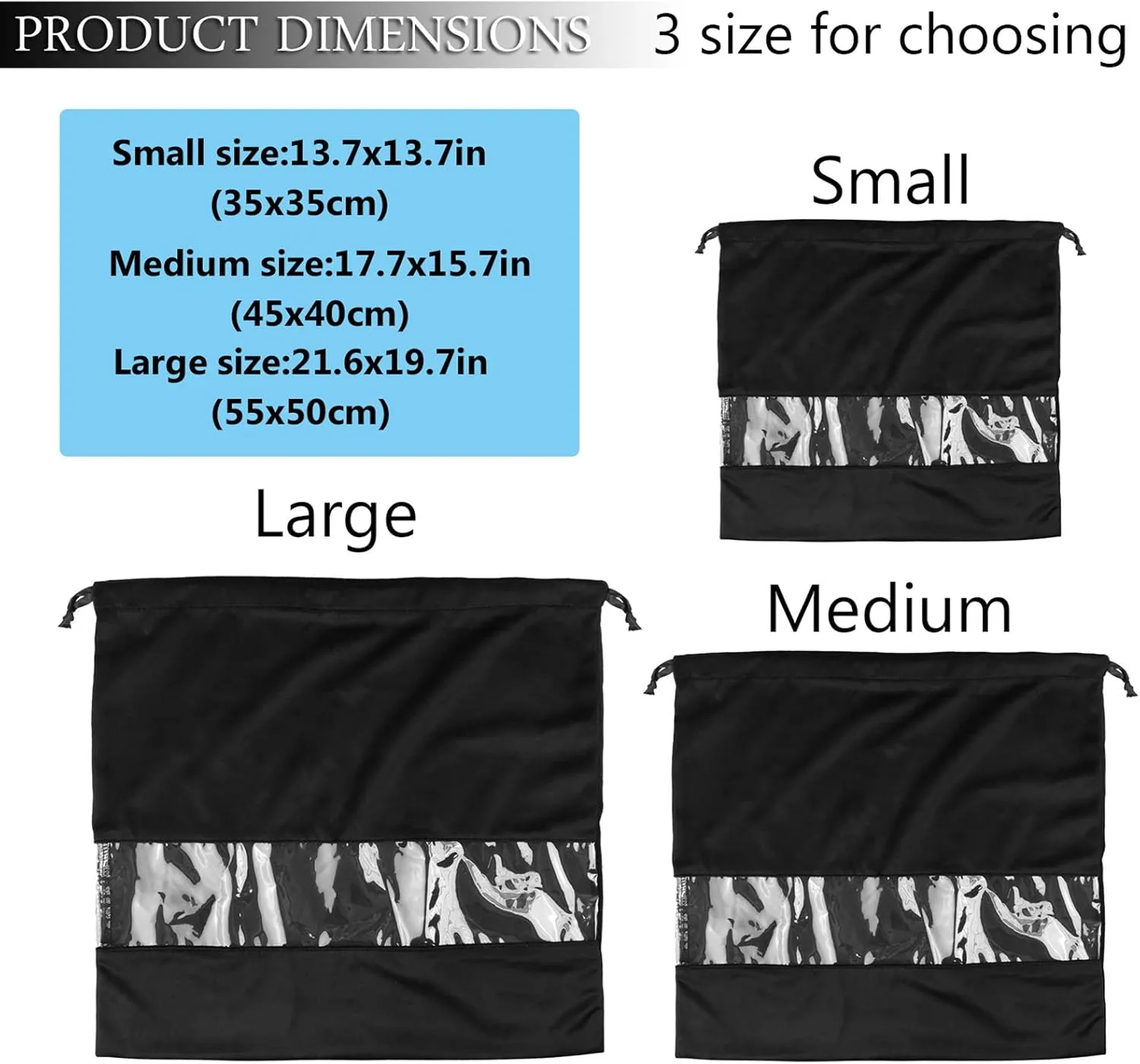 PlasMaller Dust Cover Storage Bags Terylene Flannel Drawstring Pouch with Clear View Window For Handbags Purses Pocketbooks Shoes Boots Set of 2 (17.7 x 15.7 in), Black