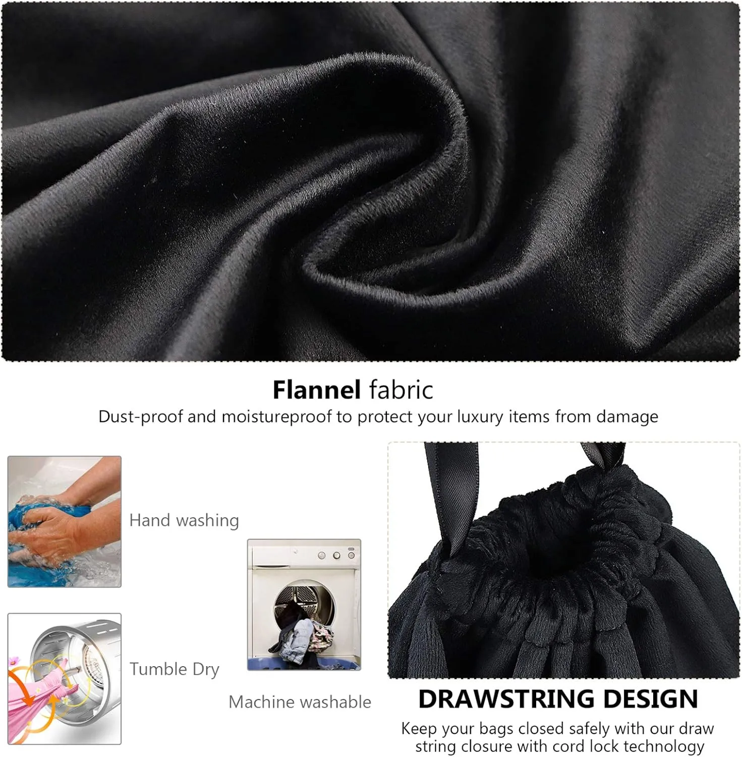 PlasMaller Dust Cover Storage Bags Terylene Flannel Drawstring Pouch with Clear View Window For Handbags Purses Pocketbooks Shoes Boots Set of 2 (17.7 x 15.7 in), Black
