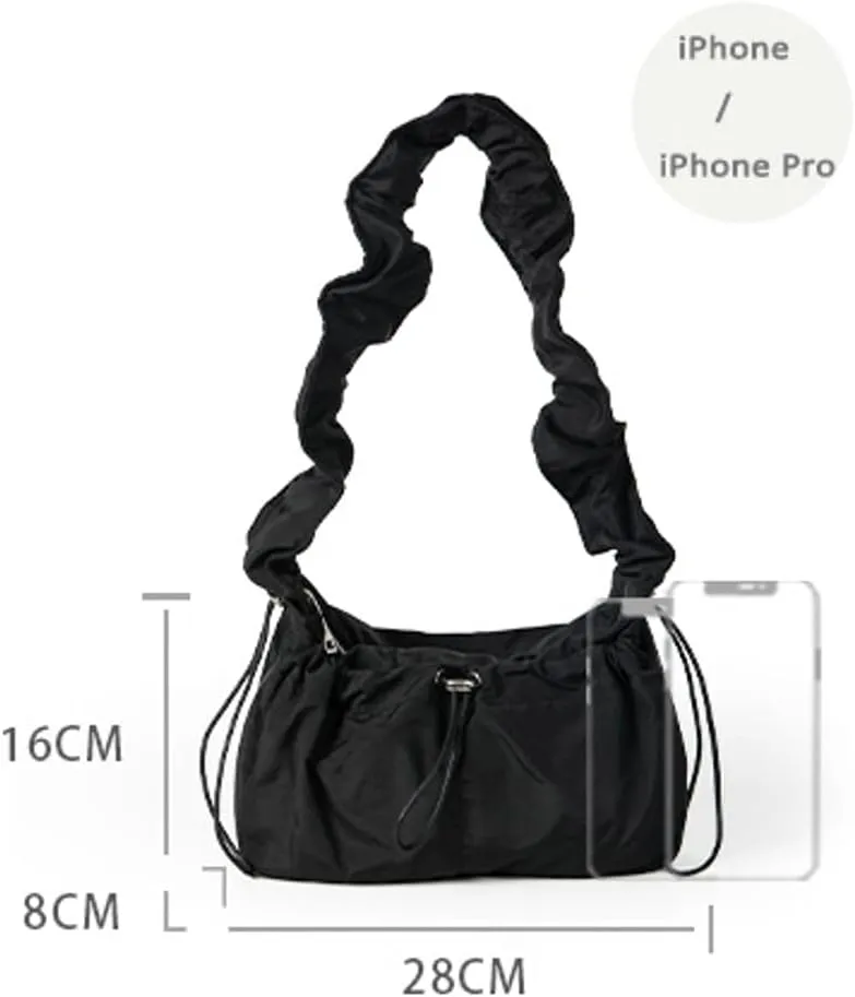 Pleated Hobo Bag for Women Retro Fairy Mini Shoulder Bags with Zipper Soft Nylon Underarm Purse Drawstring Pocket