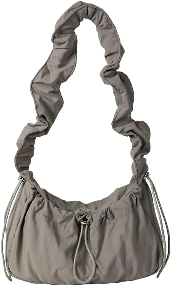 Pleated Hobo Bag for Women Retro Fairy Mini Shoulder Bags with Zipper Soft Nylon Underarm Purse Drawstring Pocket
