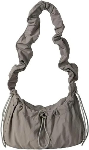 Pleated Hobo Bag for Women Retro Fairy Mini Shoulder Bags with Zipper Soft Nylon Underarm Purse Drawstring Pocket