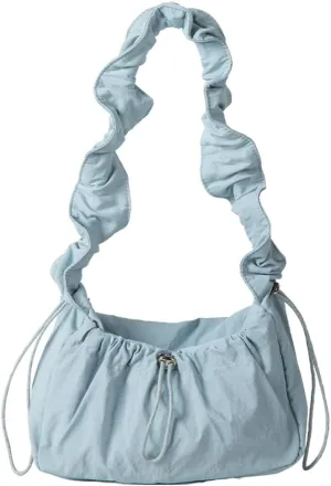 Pleated Hobo Bag for Women Retro Fairy Mini Shoulder Bags with Zipper Soft Nylon Underarm Purse Drawstring Pocket