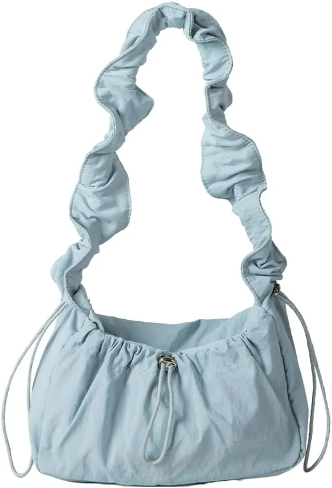 Pleated Hobo Bag for Women Retro Fairy Mini Shoulder Bags with Zipper Soft Nylon Underarm Purse Drawstring Pocket