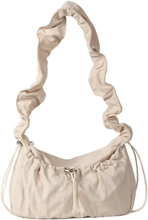 Pleated Hobo Bag for Women Retro Fairy Mini Shoulder Bags with Zipper Soft Nylon Underarm Purse Drawstring Pocket