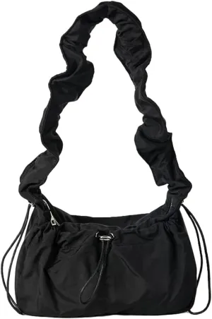 Pleated Hobo Bag for Women Retro Fairy Mini Shoulder Bags with Zipper Soft Nylon Underarm Purse Drawstring Pocket