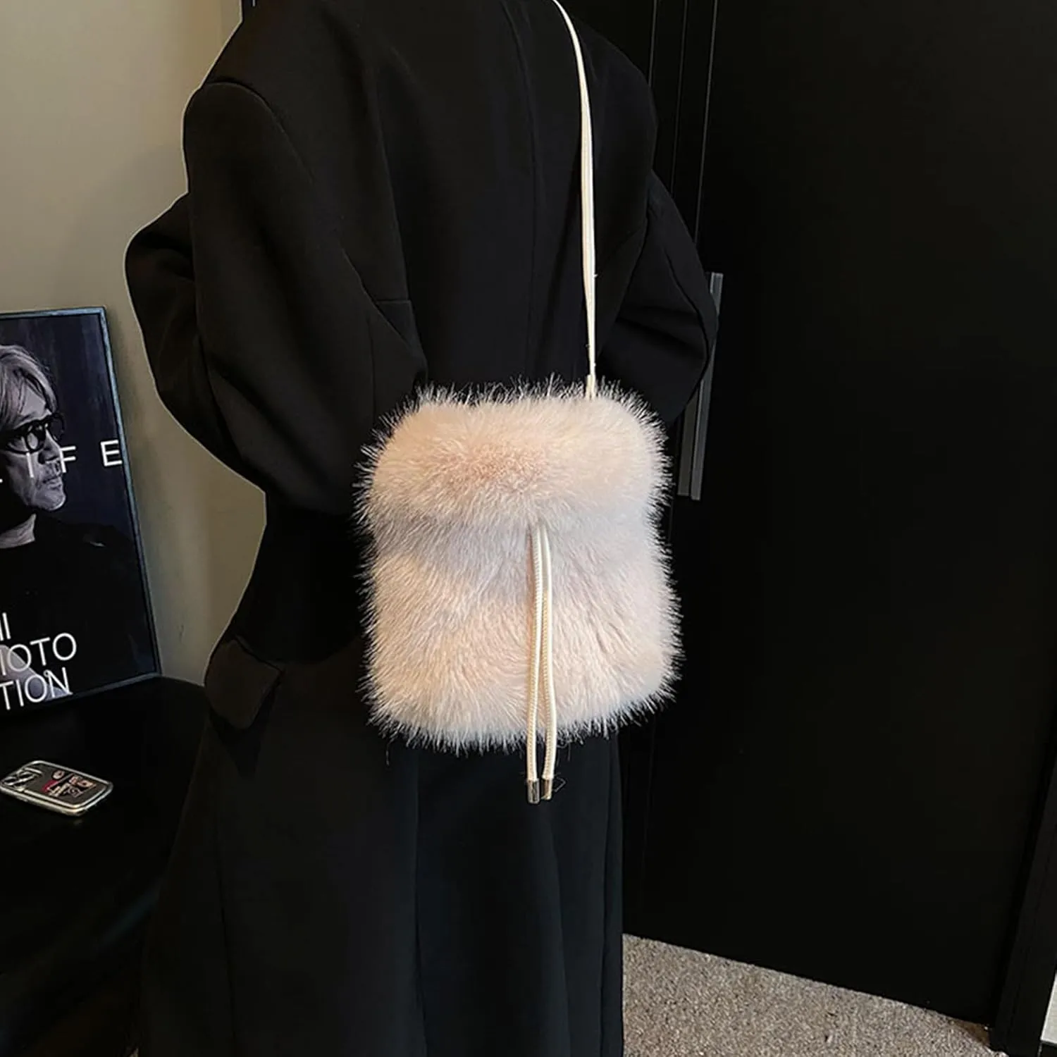 Plush Drawstring Bucket Faux Fur Crossbody Shoulder Mini Size Cute Hobo Handbag Purse