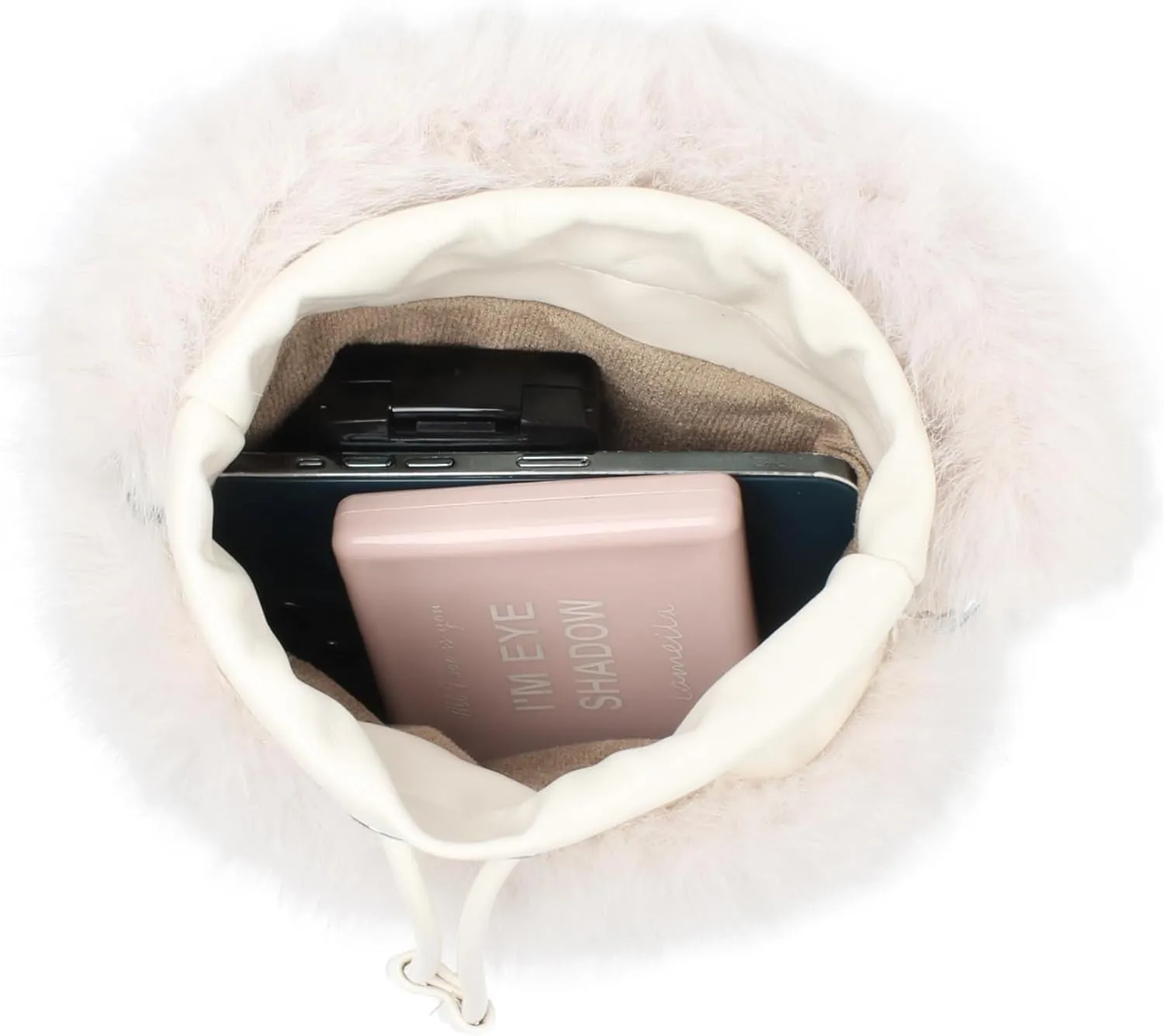 Plush Drawstring Bucket Faux Fur Crossbody Shoulder Mini Size Cute Hobo Handbag Purse