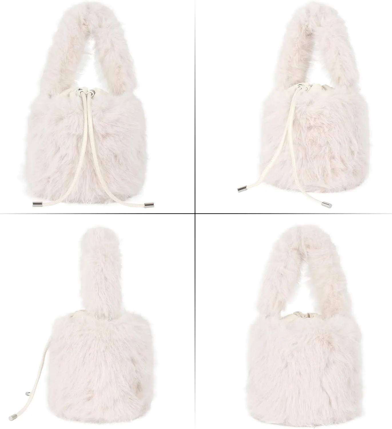 Plush Drawstring Bucket Faux Fur Crossbody Shoulder Mini Size Cute Hobo Handbag Purse