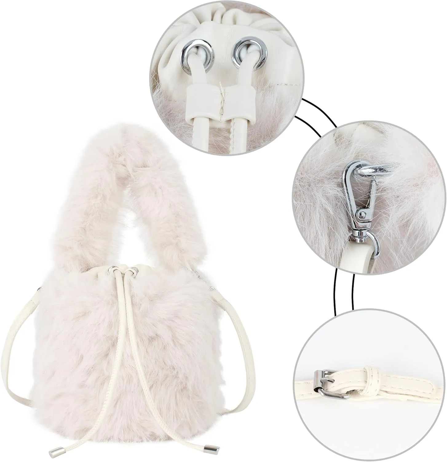 Plush Drawstring Bucket Faux Fur Crossbody Shoulder Mini Size Cute Hobo Handbag Purse