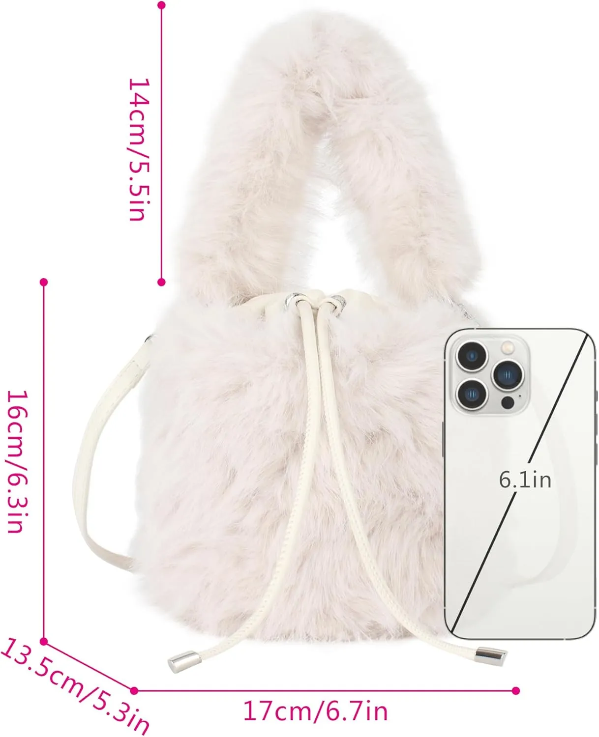 Plush Drawstring Bucket Faux Fur Crossbody Shoulder Mini Size Cute Hobo Handbag Purse