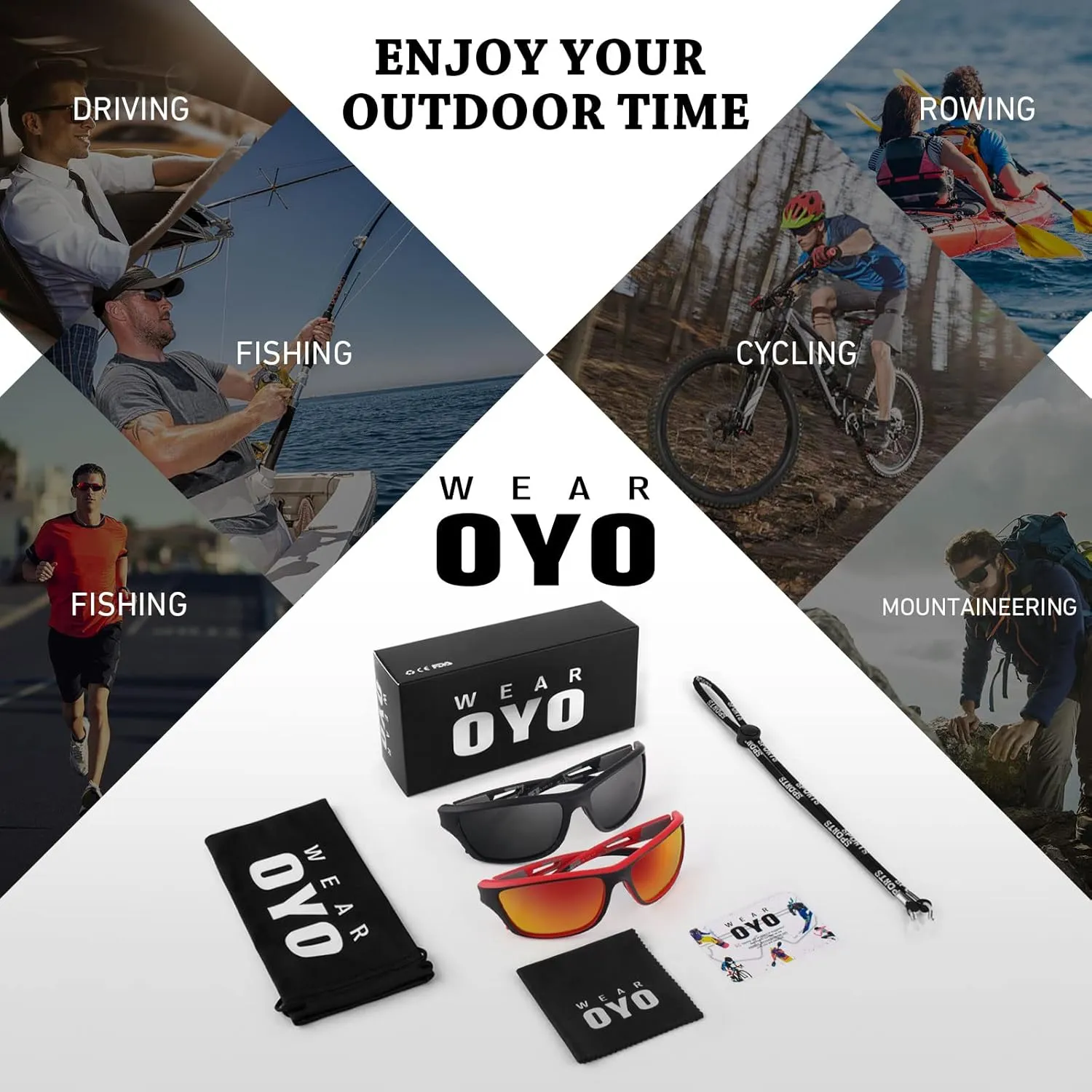 Polarized Sports Sunglasses for Men Women,Fishing Driving Rectangular Goggles UV400 Protection