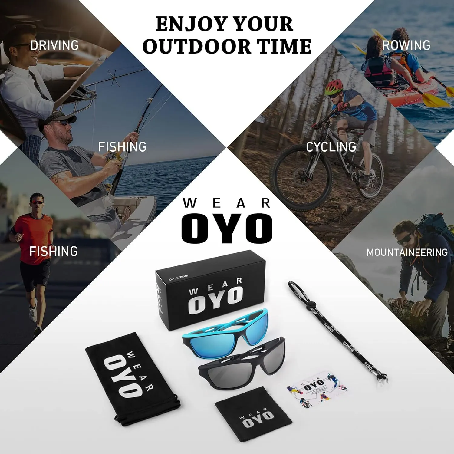 Polarized Sports Sunglasses for Men Women,Fishing Driving Rectangular Goggles UV400 Protection