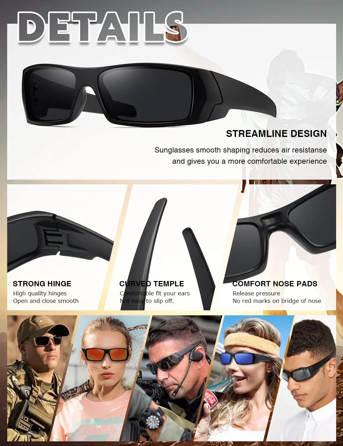 Polarized Sunglasses Men Womens Trendy Retro Sports Rectangular Wrap Around Vintage Shot Shield