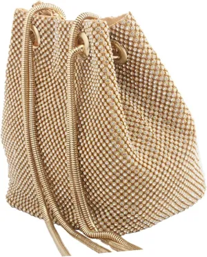Polyester Bucket Bag with Rhinestones Stylish Single Shoulder Handbag for Women Elegant Evening Purse for Parties Travel Everyday Use Golden Color