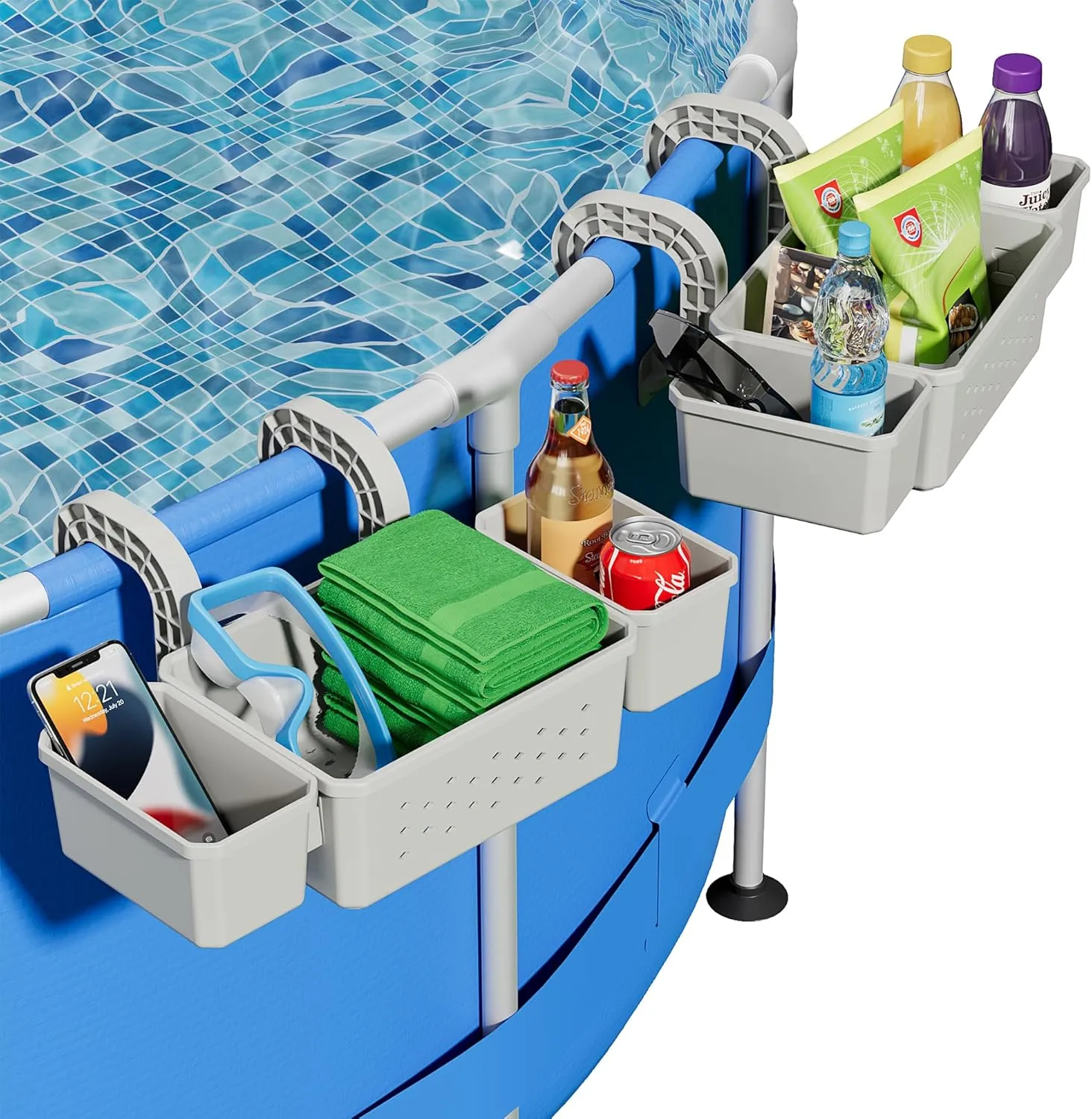 Poolside Storage for Above Ground Pool Accessories, Thickened Plastic Pool Basket with 2 Pool Cup Holder, Multifunctional Poolside Holder Fits for Most Frame Pools (2 Pack)