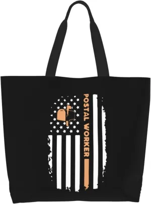 Postal Worker Flag Canvas Tote Bags for Women, Ladies Shoulder Handbags Large Purse Lightweight Foldable Reusable Shopping Bag with Pockets for Work, Travel, 15.7x19.7in