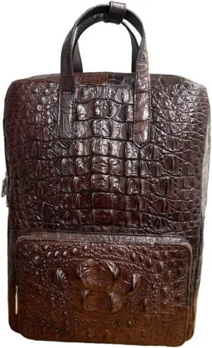 Premium leather unisex Casual laptop backpacks, expensive hiking travel backpack genuine crocodile alligator leather skin (Brown)