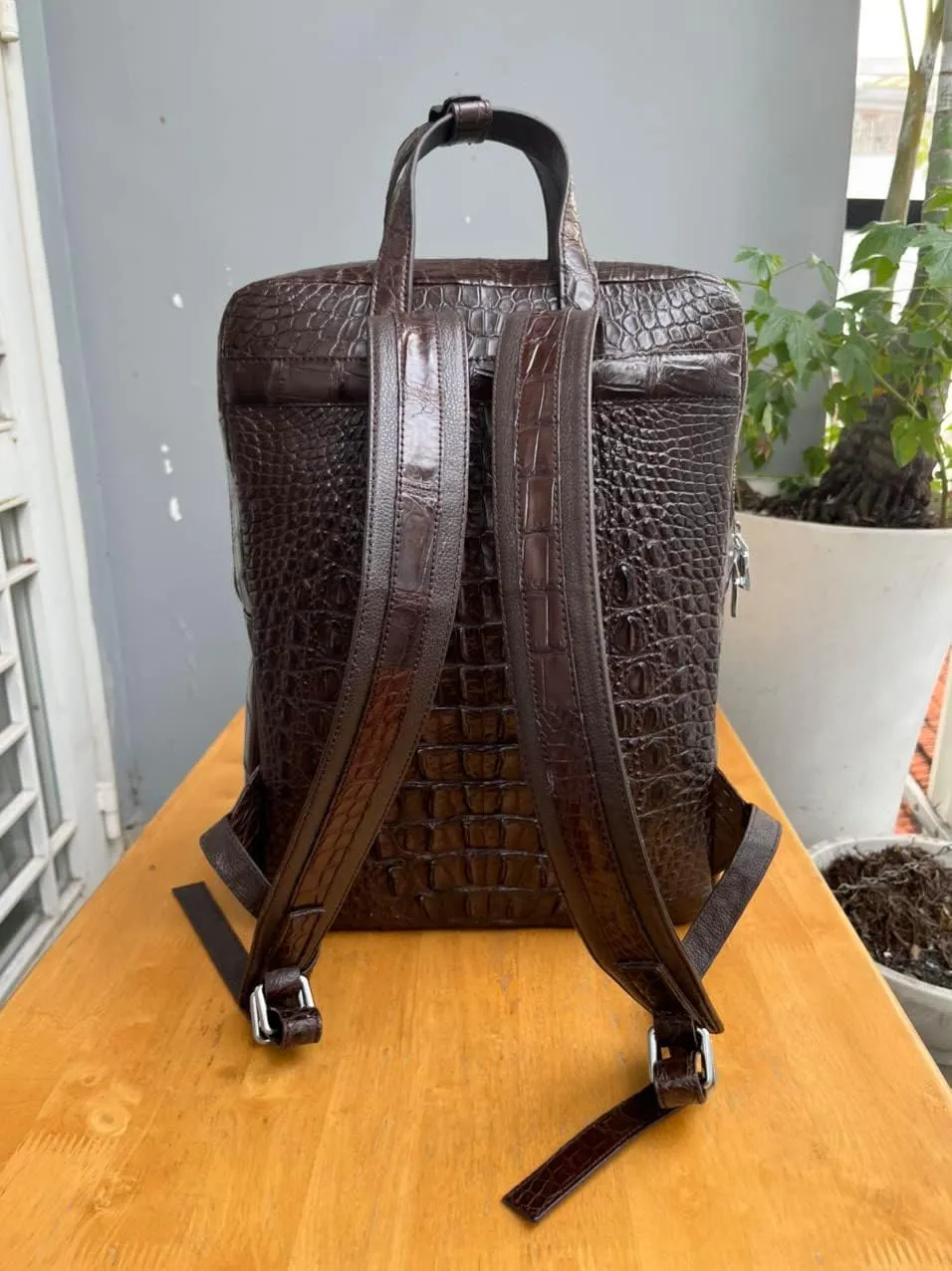 Premium leather unisex Casual laptop backpacks, expensive hiking travel backpack genuine crocodile alligator leather skin (Brown)
