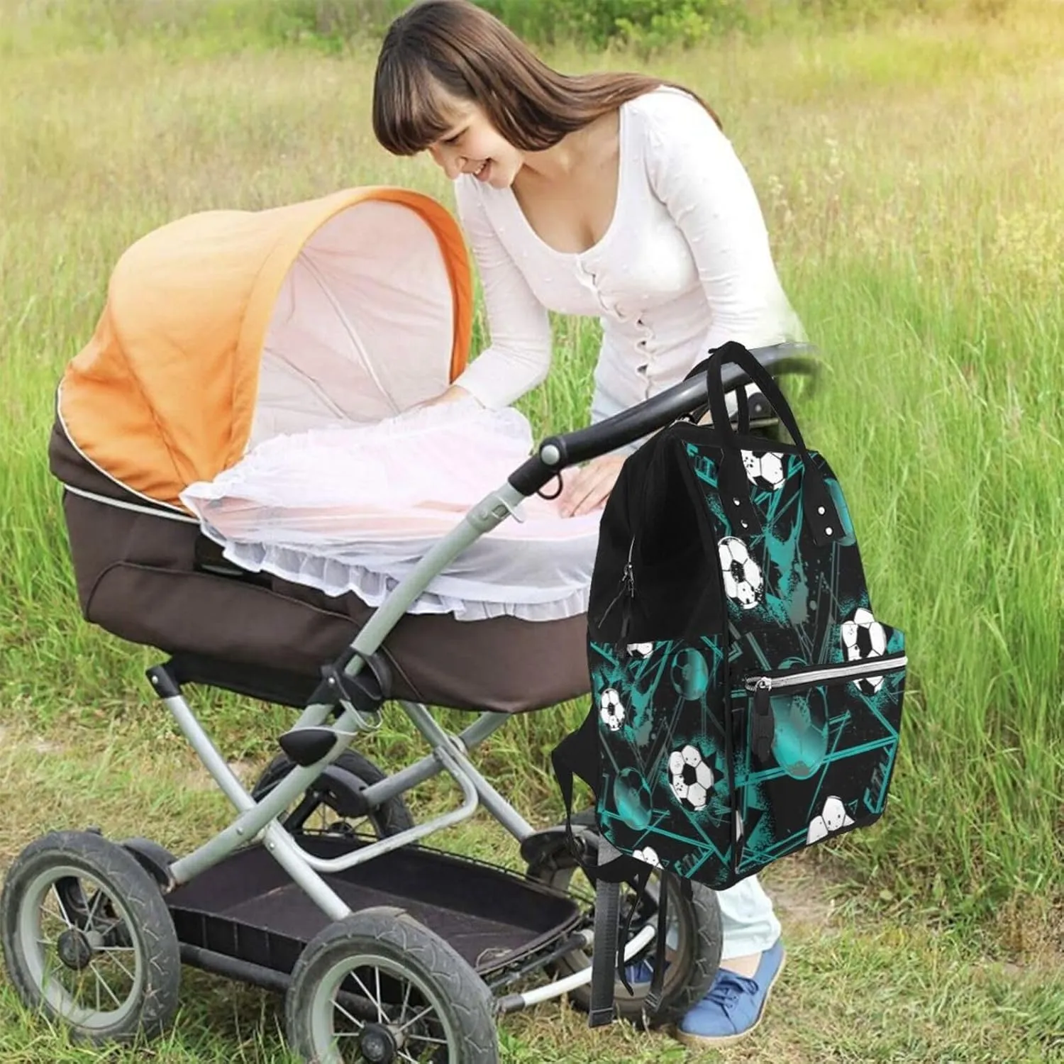 Pretty Soccer Diaper Bag Backpack for Women Large Capacity Nappy Bag Multifunction Waterproof Mummy Backpacks for Mom Dad Essentials Casual Daypack Travel Bag