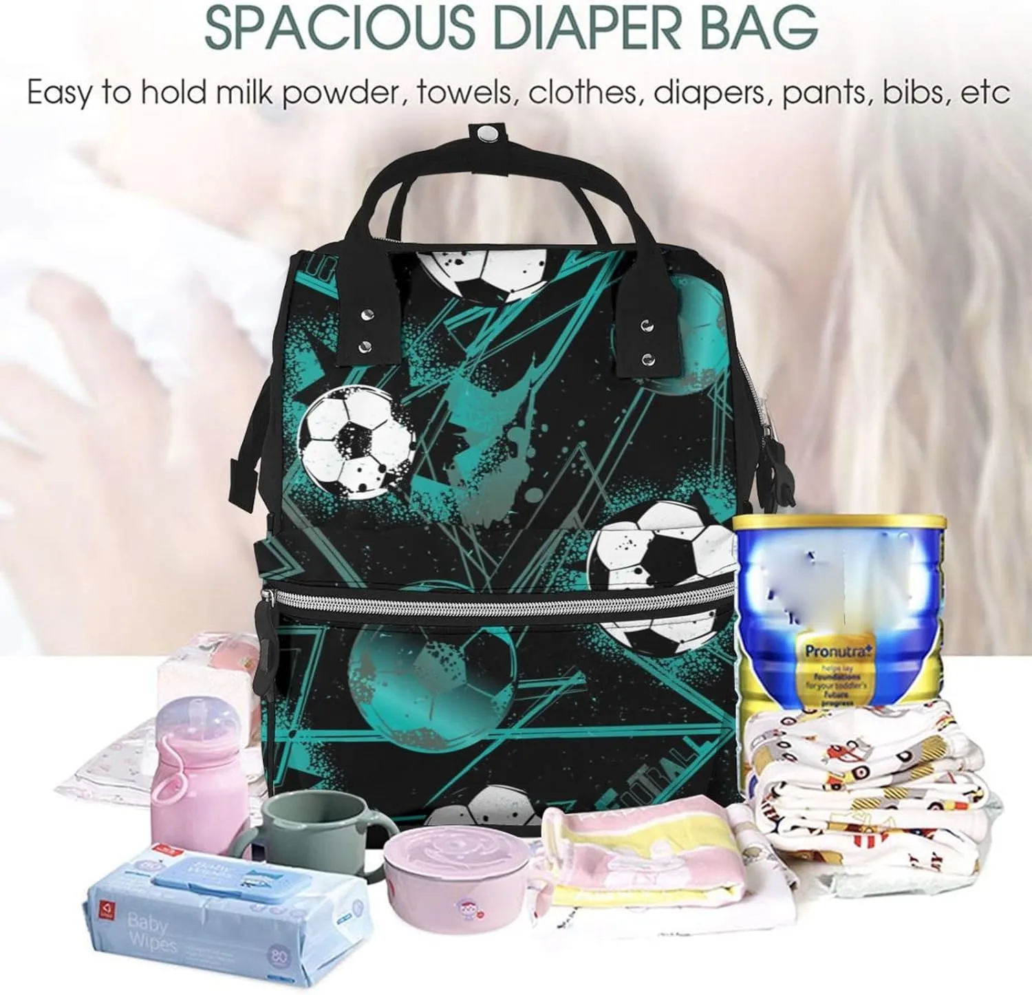 Pretty Soccer Diaper Bag Backpack for Women Large Capacity Nappy Bag Multifunction Waterproof Mummy Backpacks for Mom Dad Essentials Casual Daypack Travel Bag