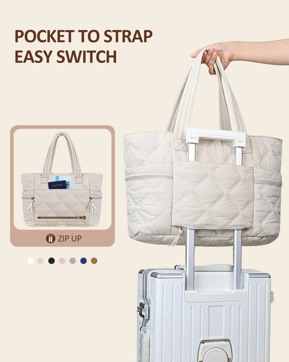 Prite Quilted Tote Bag for Women, Lightweight Puffer Tote with Zipper, Travel Work Nurse Gym Bag