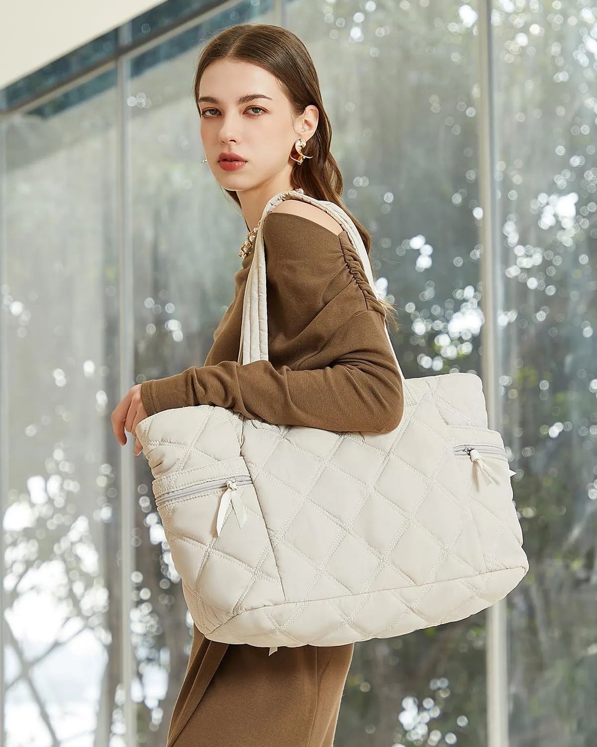 Prite Quilted Tote Bag for Women, Lightweight Puffer Tote with Zipper, Travel Work Nurse Gym Bag