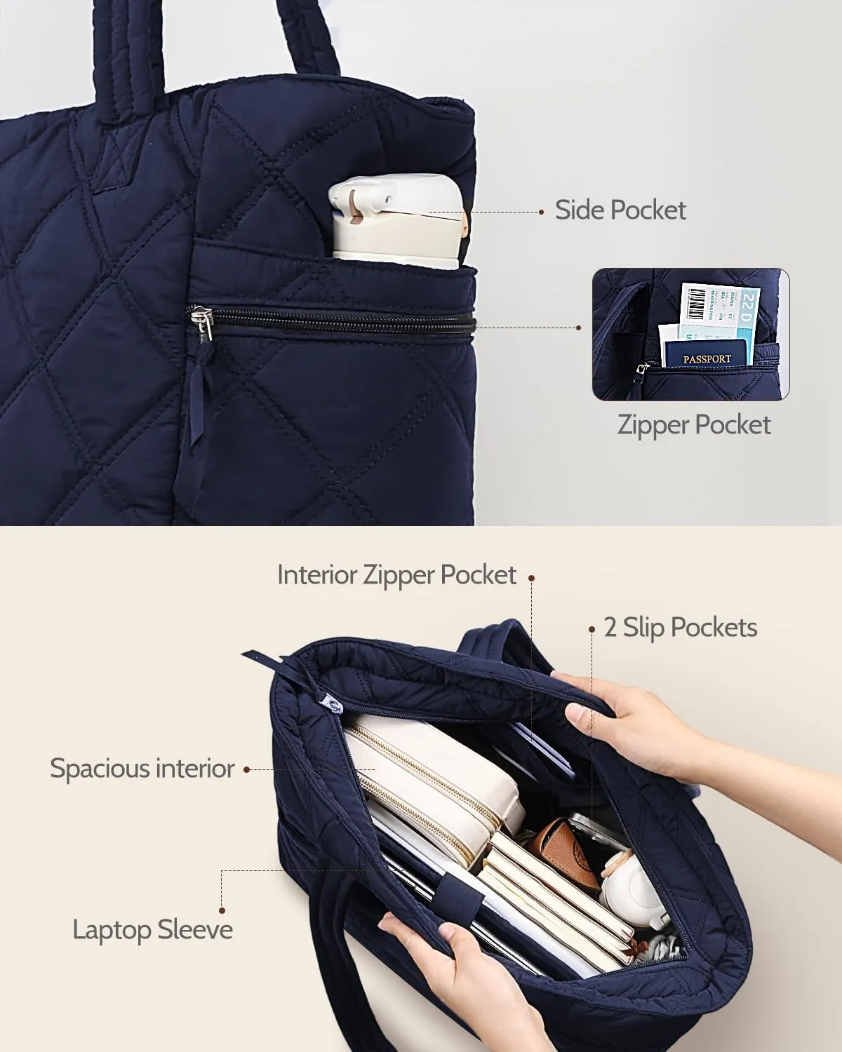 Prite Quilted Tote Bag for Women, Lightweight Puffer Tote with Zipper, Travel Work Nurse Gym Bag