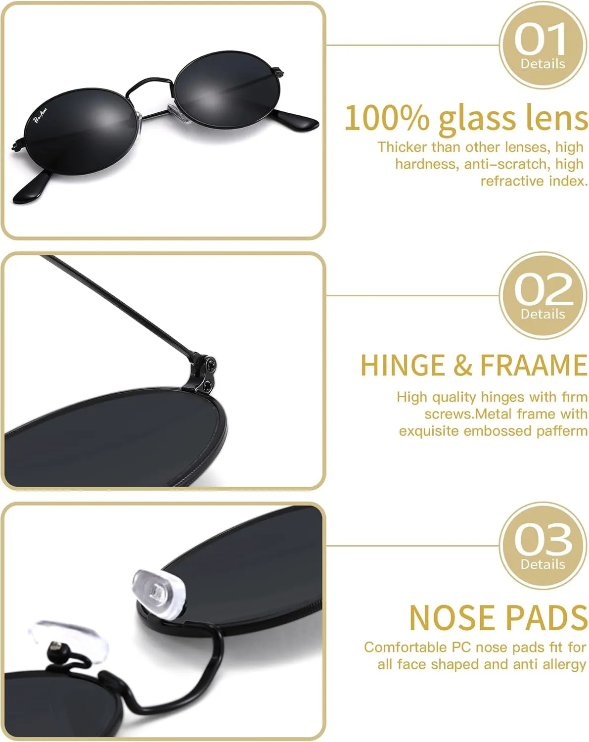 Pro Acme Retro Oval Sunglasses Glass Lens, Small Metal Frame Trendy 90s Sun Glasses for Women Men