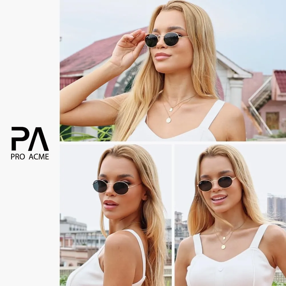 Pro Acme Retro Oval Sunglasses Glass Lens, Small Metal Frame Trendy 90s Sun Glasses for Women Men