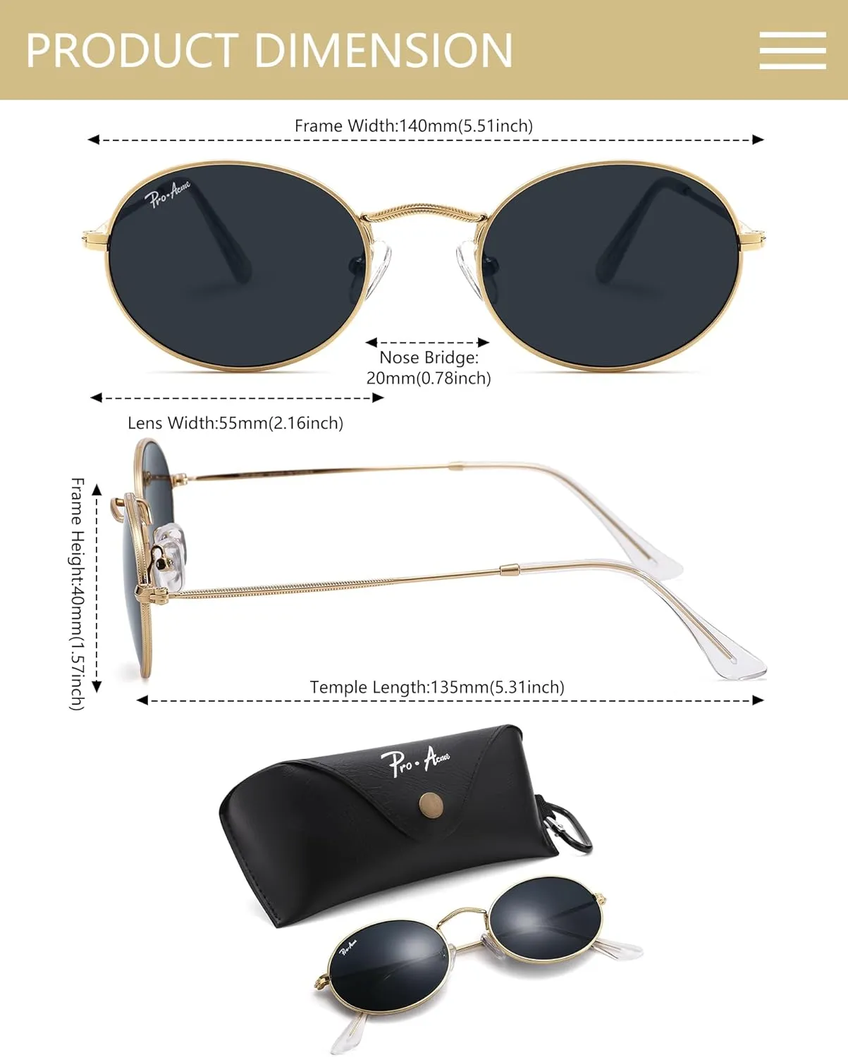 Pro Acme Retro Oval Sunglasses Glass Lens, Small Metal Frame Trendy 90s Sun Glasses for Women Men