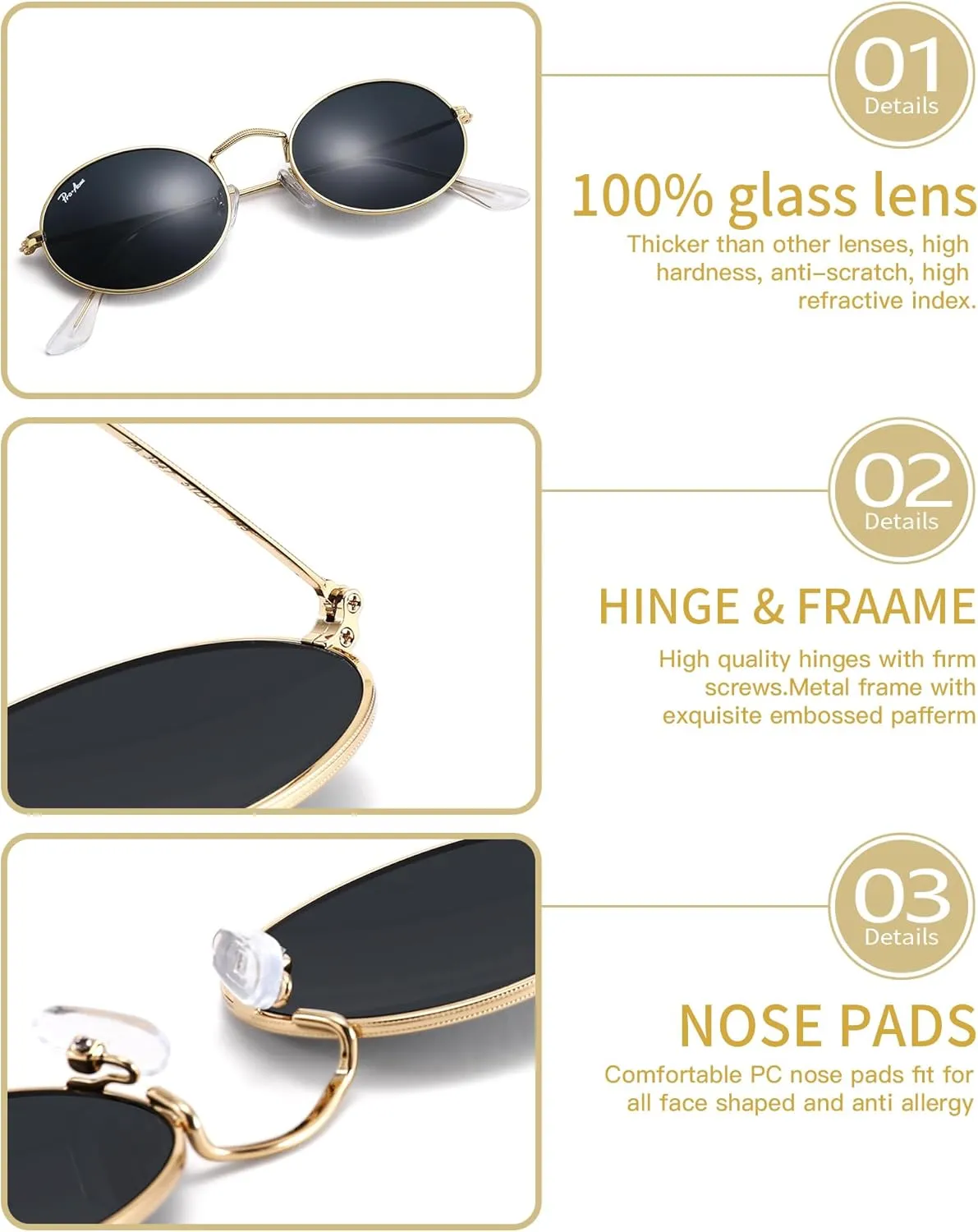 Pro Acme Retro Oval Sunglasses Glass Lens, Small Metal Frame Trendy 90s Sun Glasses for Women Men
