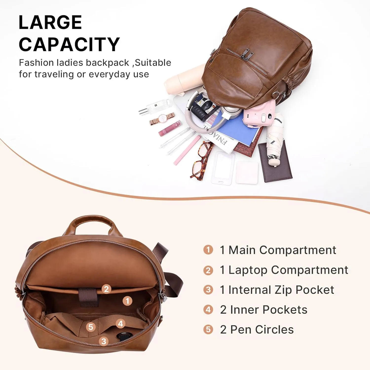 PU Leather Backpack Purse for Women, 12.9 Inch Ladies Fashion Backpack Purse Designer Convertible Travel Backpack (Brown)