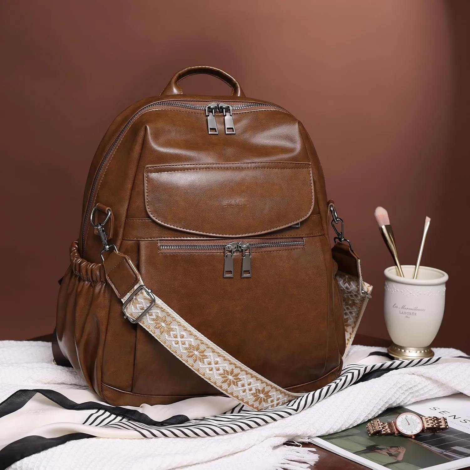 PU Leather Backpack Purse for Women, 12.9 Inch Ladies Fashion Backpack Purse Designer Convertible Travel Backpack (Brown)