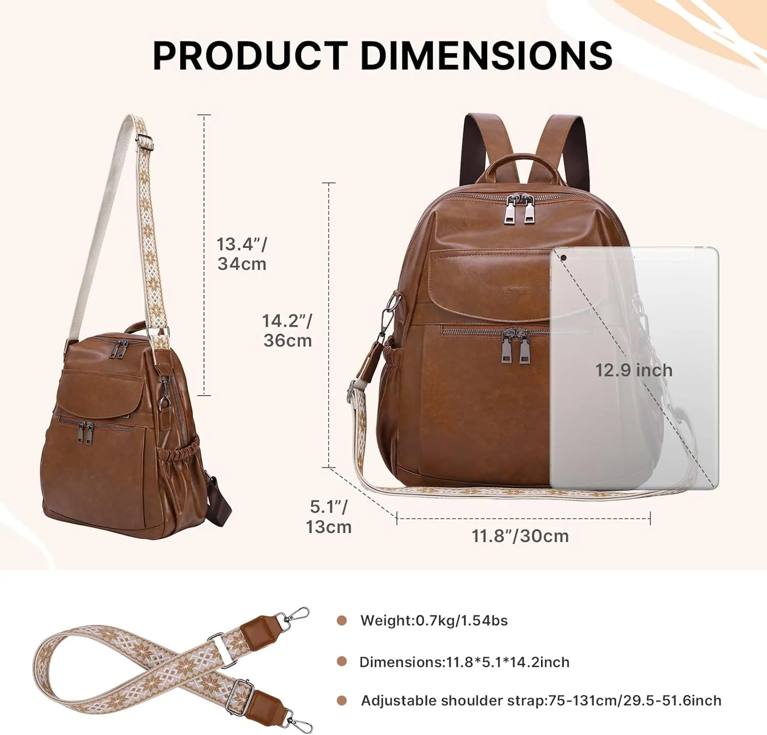 PU Leather Backpack Purse for Women, 12.9 Inch Ladies Fashion Backpack Purse Designer Convertible Travel Backpack (Brown)