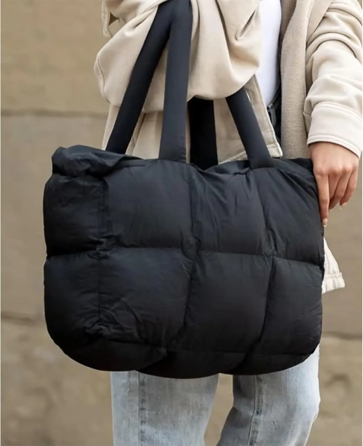 Puffer Bag for Women Large Quilted Grid Bag Puffy Handbag Lightweight Satchel Tote Bag for Work,Travel and Fitness