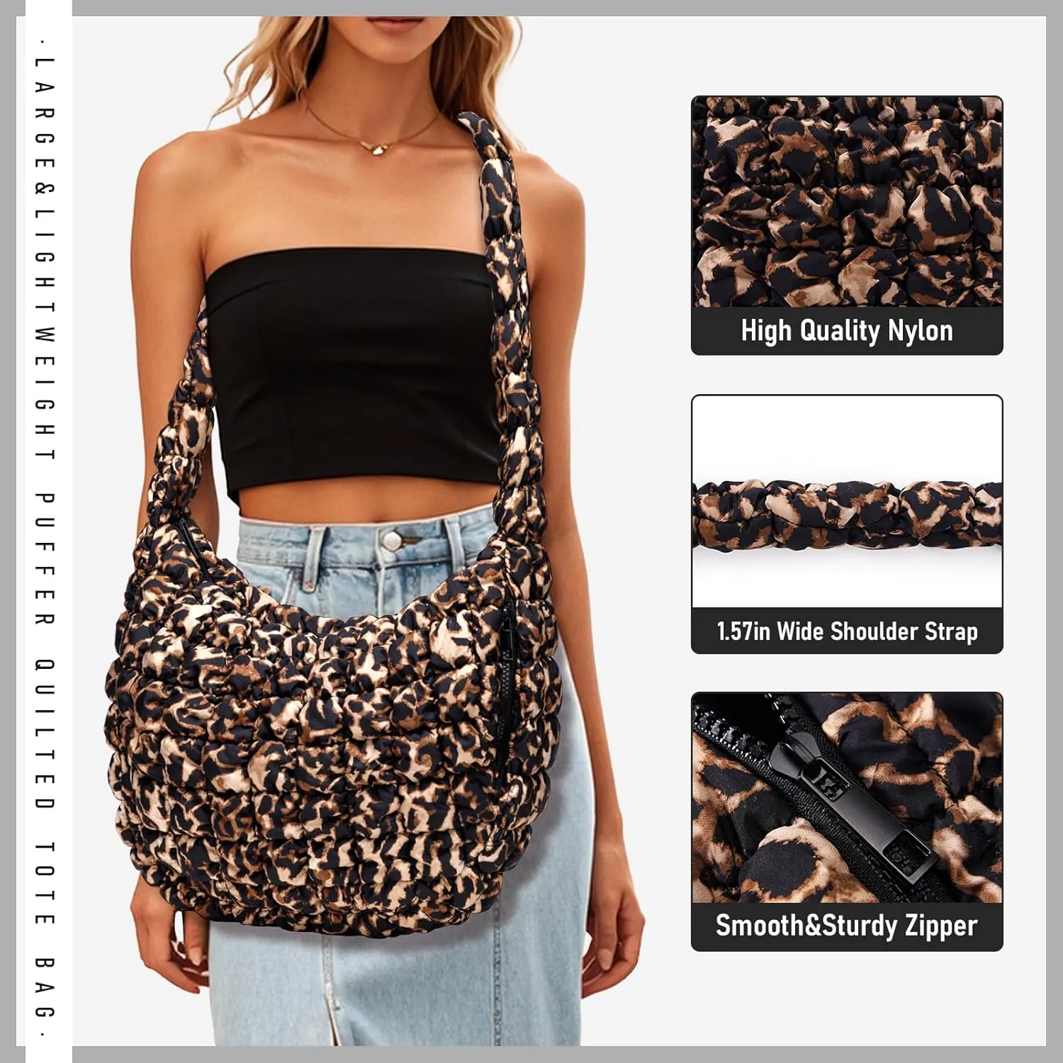 Puffer Bag for Women,Large Lightweight Quilted Tote Bag for Women Puffy Hobo Crossbody Handbags with Padding,Zip Pockets
