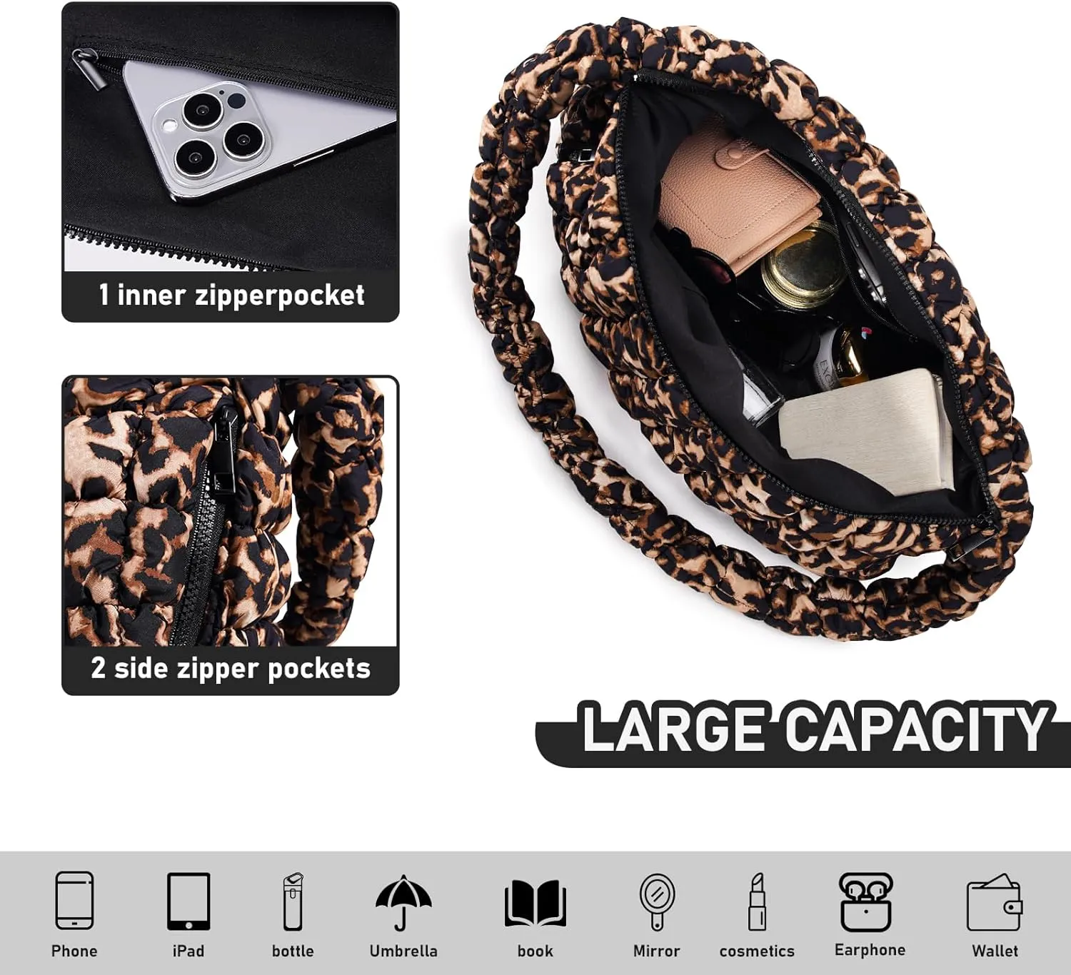 Puffer Bag for Women,Large Lightweight Quilted Tote Bag for Women Puffy Hobo Crossbody Handbags with Padding,Zip Pockets